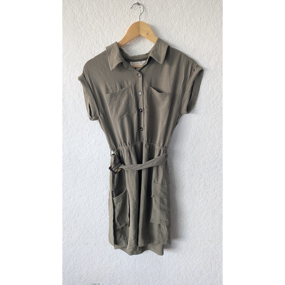 Monteau Los Angeles Womens Olive‎ Green Utility Shirt Dress Short Sleeve Medium